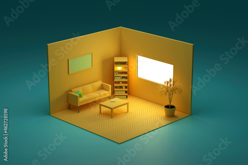 Three dimensional render of yellow colored corner of living room photo