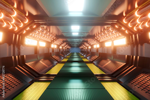 3D rendered Illustration, interior of illuminated Glowing spaceship corridor