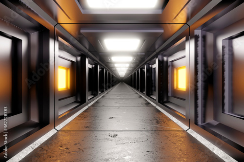 Three dimensional render of straight futuristic corridor inside spaceship or space station