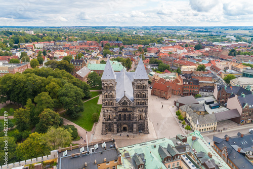 Sweden, Scania, Lund, Aerial view ofÔøΩLundÔøΩCathedral and adjacent park photo