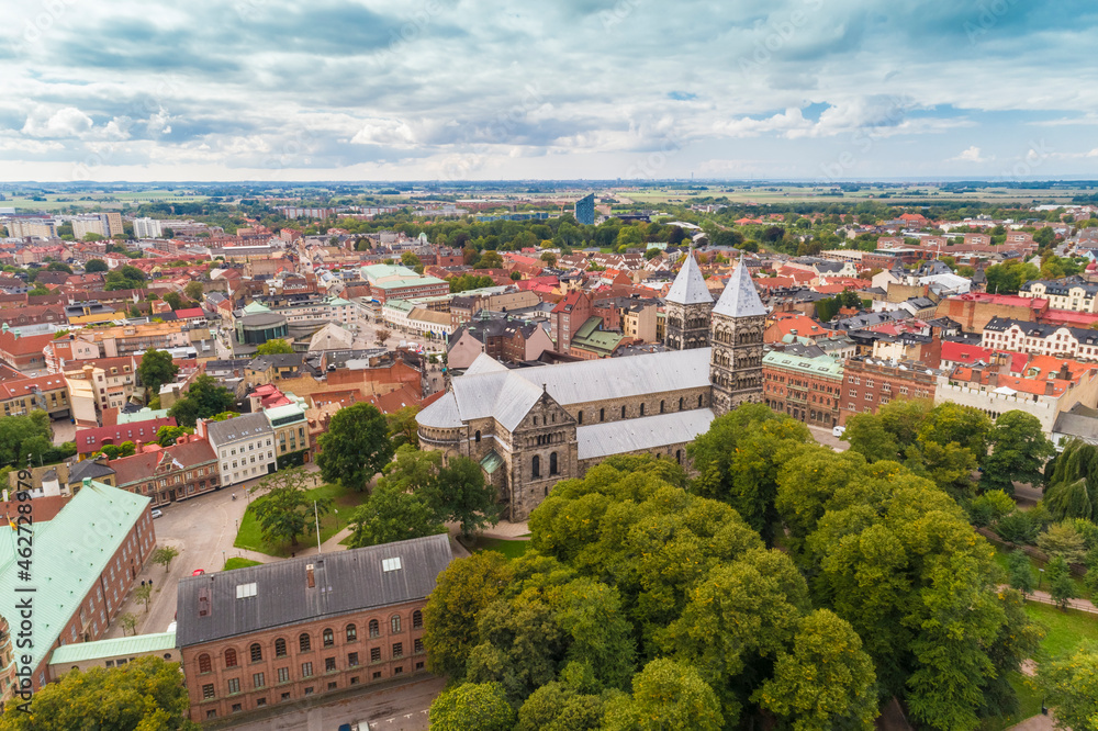 Sweden, Scania, Lund, Aerial view ofÔøΩLundÔøΩCathedral and adjacent park Sweden, Scania, Lund, Aerial view ofÔøΩLundÔøΩCathedral and adjacent park