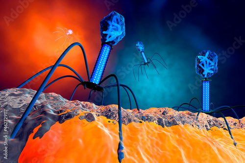 Three dimensional render of bacteriophage viruses photo
