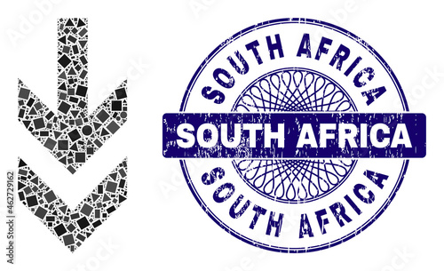 Geometric mosaic arrow down, and South Africa corroded stamp. Blue stamp contains South Africa caption inside round shape. Vector arrow down mosaic is designed with different circle, triangle,