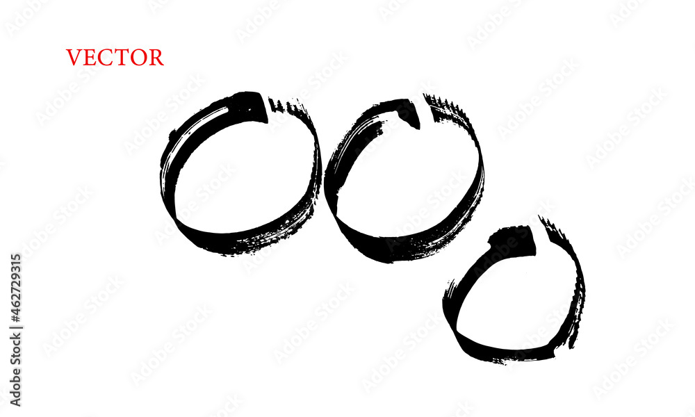 Vector image of three abstract rings of different shapes. Drawing with ink and brush. Minimalism, Asian style, graphics, calligraphy, sketch, doodle. Black on white background Vector image of three abstract rings of different shapes. Drawing with ink and brush. Minimalism, Asian style, graphics, calligraphy, sketch, doodle. Black on white background
