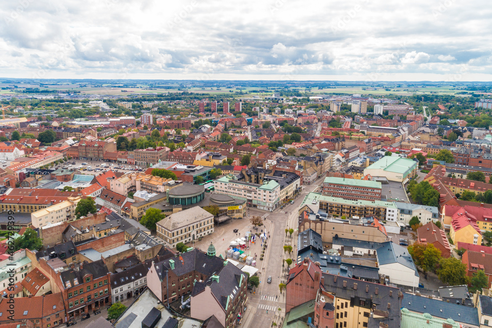 Sweden, Scania, Lund, Aerial view of historic old town with clear line of horizon in background Sweden, Scania, Lund, Aerial view of historic old town with clear line of horizon in background