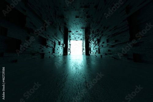 Glowing gate at end of dark spooky futuristic corridor photo