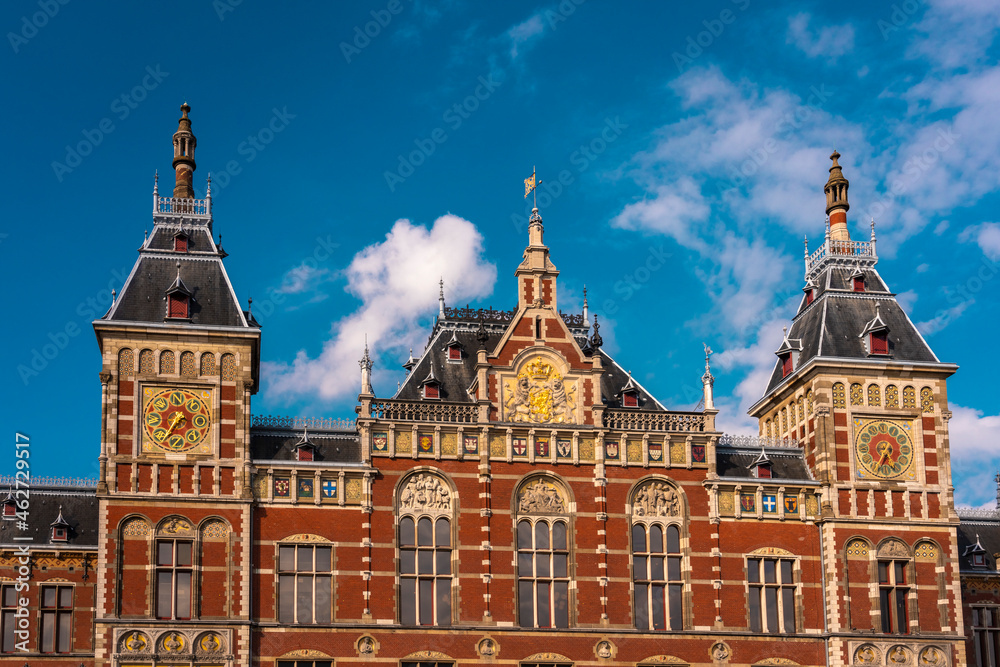 Netherlands, North Holland, Amsterdam, Ornate exterior of Amsterdam Centraal Railroad Station Netherlands, North Holland, Amsterdam, Ornate exterior of Amsterdam Centraal Railroad Station