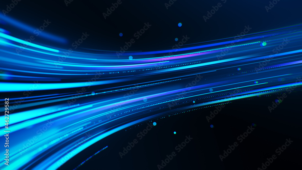 Technology background with abstract digital flow. Colorful light trails illustration with bright particles. Cyber space texture with colorful energy stream motion. - obrazy, fototapety, plakaty 