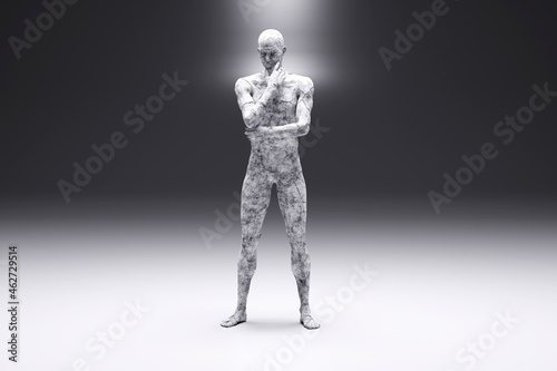 3D illustration of pensive and contemplating male character made out of concrete photo