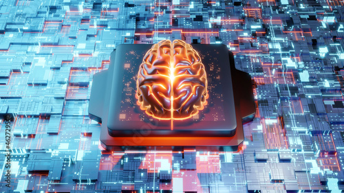 Illustration of three dimensional human brain on circuit board photo