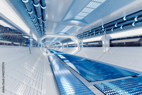 3D rendered illustration of empty illuminated spaceship corridor