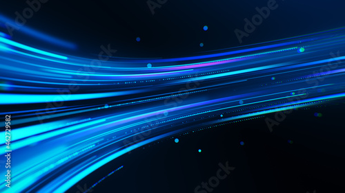 Technology background with abstract digital flow. Colorful light trails illustration with bright particles. Cyber space texture with colorful energy stream motion.