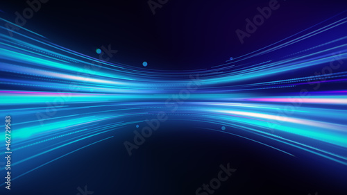 Abstract technology background with colorful light rays motion. Blur gradient texture with shiny stripes illustration. Futuristic data flow concept.