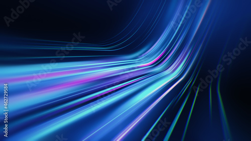 Colorful light trail illustration. Blue technology background with energy stream. Abstract dynamic flow for sci fi concept.