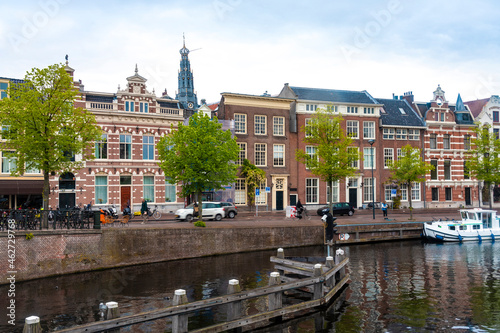 Netherlands, North Holland, Haarlem, Historic houses along Binnen Sparne canal photo