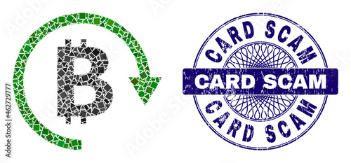 Geometric collage bitcoin repay, and Card Scam dirty seal print. Violet seal has Card Scam caption inside round shape. Vector bitcoin repay collage is created of scattered round, triangle,