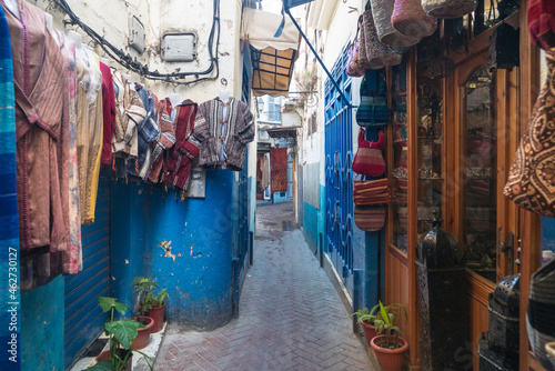 Morocco, Tanger-Tetouan-Al Hoceima, Tangier, Stores along narrow alley in historic medina