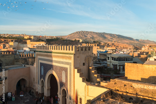 Morocco, Fes-Meknes, Fes, Bab Bou Jeloud city gate at dusk photo