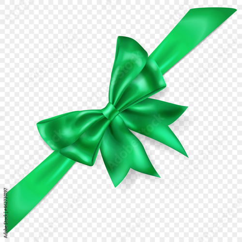 фотографія Beautiful green bow with diagonally ribbon with shadow, isolated on transparent background