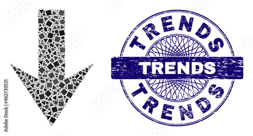 Geometric collage arrow down, and Trends unclean stamp seal. Blue stamp seal has Trends caption inside circle form. Vector arrow down mosaic is formed from randomized spheric, triangle, square dots.