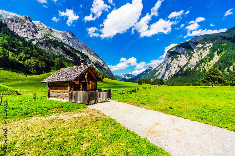 Austria, Tyrol, Vomp, Rustic hut in Lower Inn Valley during summer