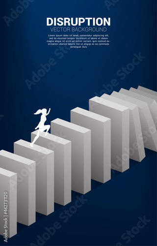 surviving business disruption. Silhouette of businesswoman running to domino collapse. Concept of business industry disrupt