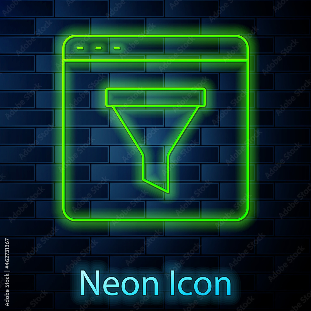 Glowing neon line Browser window icon isolated on brick wall background. Vector Glowing neon line Browser window icon isolated on brick wall background. Vector