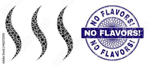 Geometric mosaic aroma, and No Flavors! textured seal imitation. Blue seal contains No Flavors! text inside round shape. Vector aroma mosaic is made of random round, triangle, square dots.