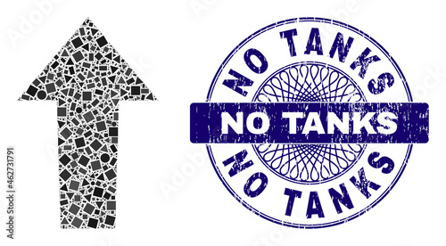 Geometric collage arrow up, and No Tanks dirty stamp seal. Violet stamp contains No Tanks title inside round form. Vector arrow up collage is designed with randomized round, triangle, square parts.