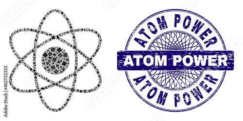 Geometric mosaic atom, and Atom Power rubber stamp seal. Blue stamp seal includes Atom Power caption inside circle shape. Vector atom collage is formed with scattered circle, triangle,