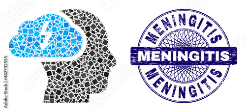 Geometric collage brainstorming, and Meningitis corroded seal. Blue stamp seal includes Meningitis title inside circle form. Vector brainstorming collage is made of random spheric, triangle,