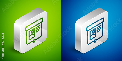Isometric line Projection screen icon isolated on green and blue background. Business presentation visual content like slides, infographics and video. Silver square button. Vector