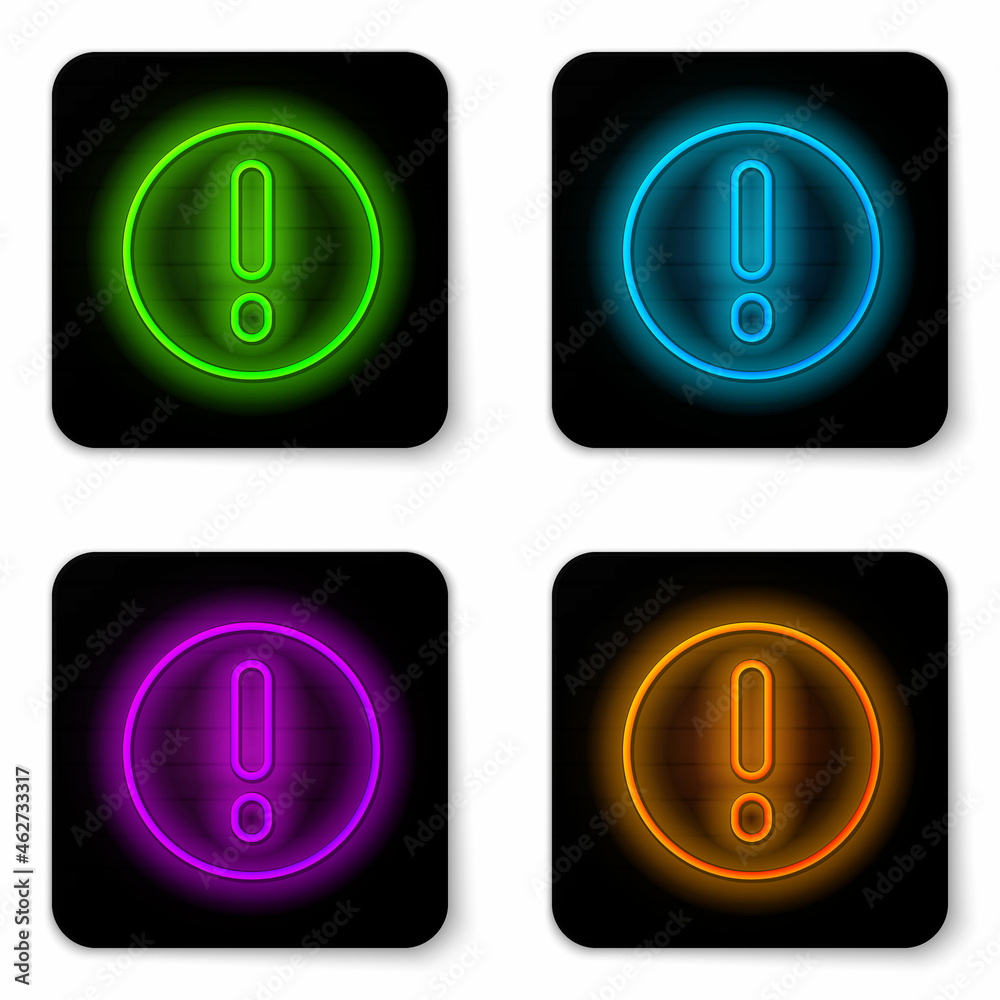 Glowing neon line Speech bubble and Exclamation icon isolated on white background. FAQ sign. Copy files, chat speech bubble and chart. Black square button. Vector Glowing neon line Speech bubble and Exclamation icon isolated on white background. FAQ sign. Copy files, chat speech bubble and chart. Black square button. Vector