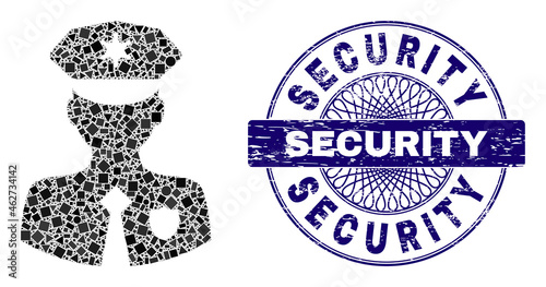 Geometric mosaic constable, and Security dirty stamp seal. Violet stamp seal has Security text inside round shape. Vector constable mosaic is composed from randomized round, triangle, square elements.
