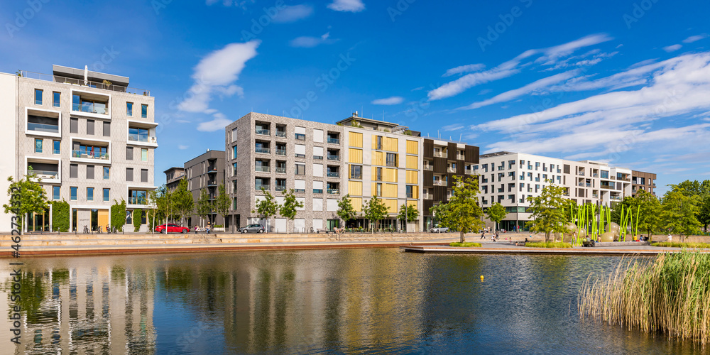 Germany, Baden-Wrttemberg, Heilbronn, Neckar, district of Neckarbogen, New energy efficient apartment buildings by river Germany, Baden-Wrttemberg, Heilbronn, Neckar, district of Neckarbogen, New energy efficient apartment buildings by river