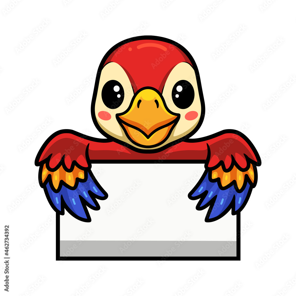 Obraz premium Cute little parrot cartoon with blank sign
