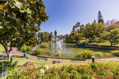 Portugal, Madeira Island, Funchal, Pond with fountains at Santa Catarina Park, Parque de Santa Catarina photo