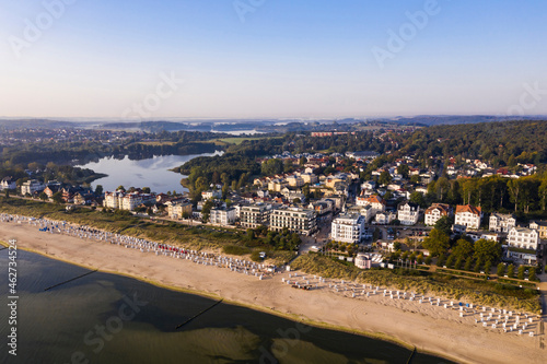 Germany, Mecklenburg West Pomerania, Baltic Sea coast, Usedom Island, Bansin, Aerial view of tourist resort on coast