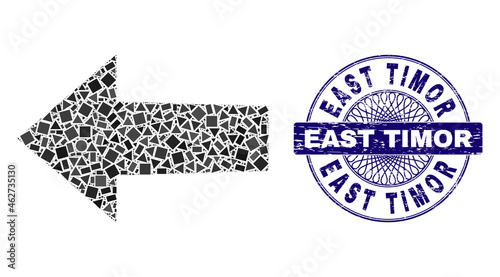 Geometric collage arrow left, and East Timor rubber stamp seal. Blue stamp seal contains East Timor tag inside circle shape. Vector arrow left collage is organized with randomized circle, triangle,
