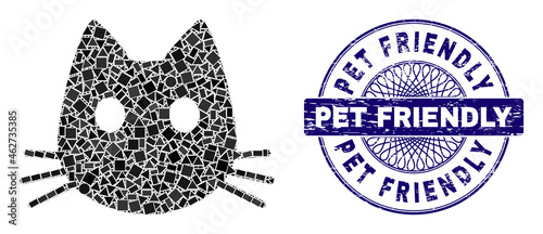 Geometric mosaic cat head, and Pet Friendly textured seal. Blue stamp seal has Pet Friendly text inside round form. Vector cat head mosaic is done of different round, triangle, rectangle parts.