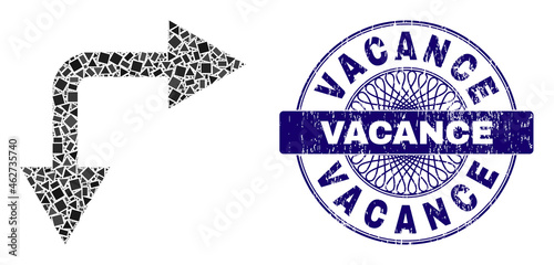 Geometric collage bifurcation arrow right down, and Vacance corroded seal print. Blue stamp seal has Vacance tag inside circle shape.