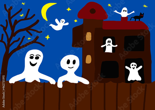 Child's painting of haunted castle and ghosts by night