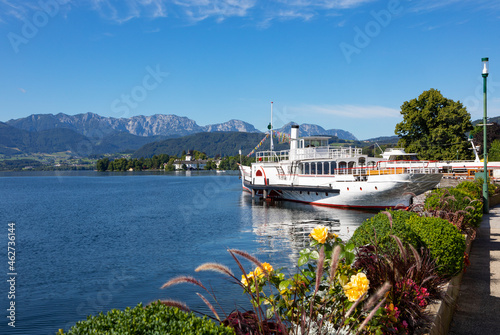 Historical paddle steamer Gisela on esplanade against blue sky during sunny day, Gmunden, Salzkammergut, Traunsee, Upper Austria, Austria