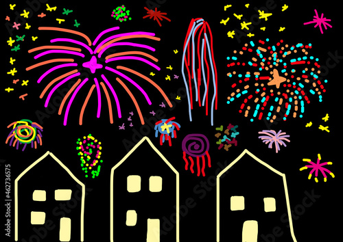 Child's drawing of colourful fireworks over houses photo