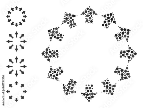 Round dot collage radial arrows. Vector collage is based on radial arrows icon, and constructed from scattered round spots. Vector icon of radial arrows designed of scattered round points.