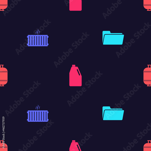 Set Folder, Heating radiator, Household chemicals bottle and Propane gas tank on seamless pattern. Vector