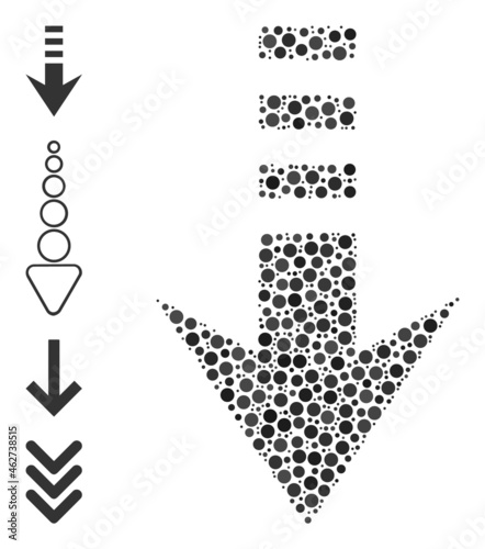Round dot mosaic send down. Vector collage is based on send down icon, and formed with scattered circle dots. Vector icon of send down constructed of irregular circle dots.