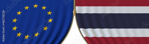 Flags of the EU and Thailand and closing or opening zipper between them. Political negotiations or interaction conceptual 3D rendering