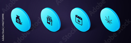 Set Isometric Marijuana or cannabis leaf, Calendar and marijuana, store and Medical bottle with icon. Vector