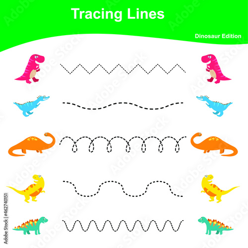 Tracing Lines Game Dinosaur Edition. Educational worksheet. Worksheet activity for preschool kids. Preschool Education. Vector illustration. 